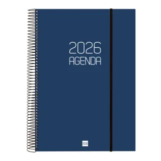 Finocam Opaque Agenda de Espiral en Catalan - Anual 2026 - Tapa Ligera - Cierre con Goma Elastica - Formato E40 - 230x29x297mm - 1 Dia por Pagina - Color Azul