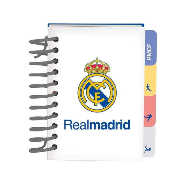 Safta Real Madrid Equipacion 26/27 Bloc de Notas - Formato A7 - 80 Hojas de 80 g/m2 - Espiral - Tapas Duras - 4 Separadores Interiores - 7.4x10.5cm - Color Blanco