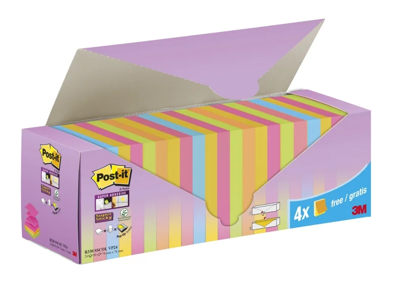Post-It Super Sticky Pack de 24 Blocs de 90 Notas Adhesivas Reposicionables - Forma Cuadrada - 76x76mm - en Zig-Zag - Colores Surtidos