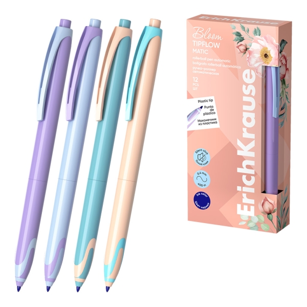Erichkrause Bloom TipFlow Matic Pastel Boligrafo Retractil - Punta de Bola 0.5mm - Trazo de 0.4mm - Tinta Azul - Cuerpo en Colores Pastel · Pack de 12 uds.