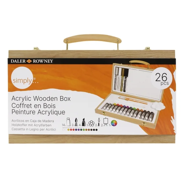 Daler Rowney Simply Pack de 26 Piezas - Pintura Acrilica - Caja de Madera - Colores Surtidos