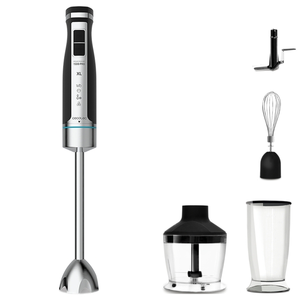 Cecotec PowerGear 1500 XL Pro Batidora de Mano - 1500W - Vaso de 0.8L - Picadora de 0.6L - Velocidad Ajustable - Incluye Accesorios - Cuchillas Recubiertas de Titanio - Modo Turbo - Color Ac