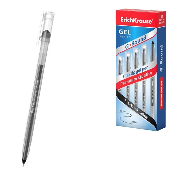 ErichKrause G-Round Stick Classic Boligrafo con Capuchon - Punta de 0.5mm - Trazo 0.3mm - Tinta de Gel - Resistente al Agua - Secado Rapido - Color Negro · Pack de 12 uds.