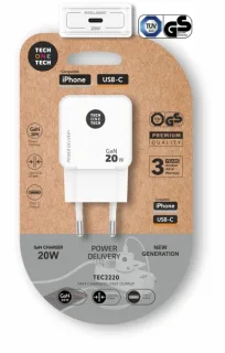 TechOneTech Cargador de Pared Ultrarrápido GaN 20w USB-C Blanco