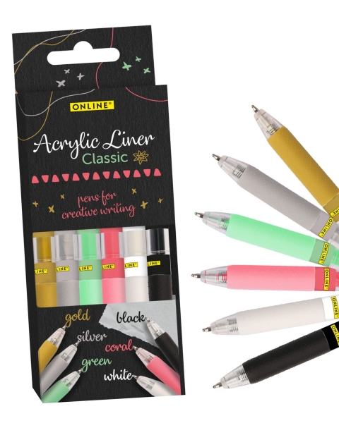Online Classic Pack de 6 Boligrafos Retractiles - Tinta Acrilica - Punta Fina de 1mm - Colores Surtidos