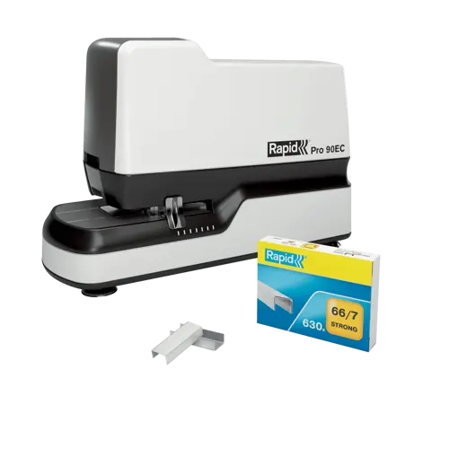 Rapid Pro 90EC Grapadora Electrica - Grapa hasta 50 Hojas - Usa Grapas Nº66 y Nº44 - Grapado Cerrado - Ajuste Automatico de la Fuerza de Grapado - Color Blanco/Negro