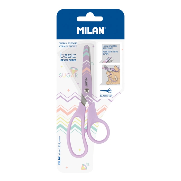 Milan Pastel Tijeras de 13.4cm - Mango Ergonomico - Punta Redondeada - Hoja de Acero Inoxidable - Color Lila Pastel