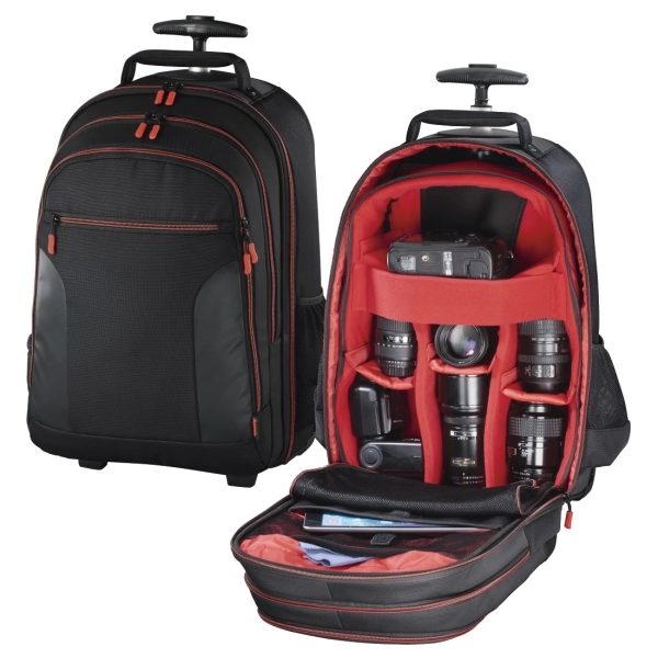 Hama Miami Maleta Trolley para Camara - Capacidad 12L - Asas Ocultables - Compartimentos Separados para Objetivos - Mango Extensible - Asa de Mano - 30x23x50cm - Color Negro