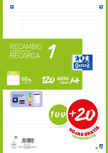 Oxford School Recambio A4 120 Hojas 1 Linea - 4 Taladros - Banda de Color Verde