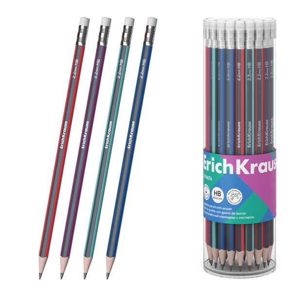 ErichKrause Sonata Lapiz de Grafito con Goma de Borrar - Mina HB - Cuerpo Triangular - Facil Afilado - Agarre Ergonomico - Colores Surtidos · Pack de 42 uds.