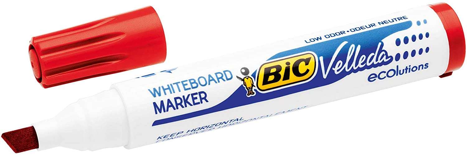 Bic Velleda 1751 ECOlutions Marcadores para Pizarra - Punta Biselada - Trazo entre 3mm y 5.5mm - Tinta con Base de Alcohol - Ecologico - Borrado Optimo - Color Rojo · Pack de 12 uds.