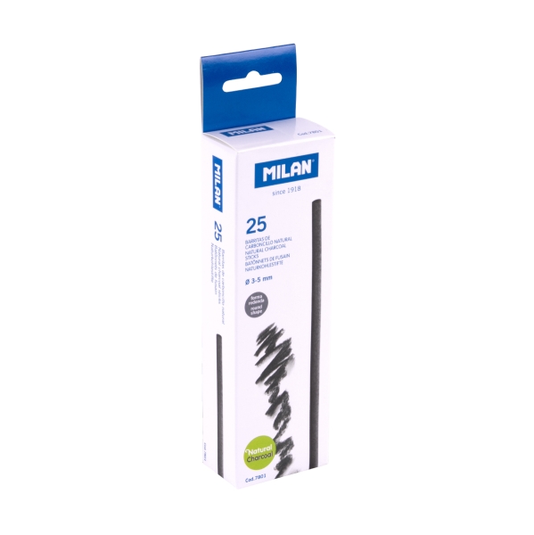 Milan Pack de 25 Barritas de Carboncillo - Natural - Redondo de 3-5mm - Color Negro