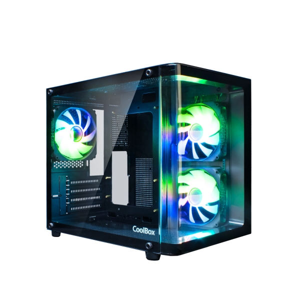 Coolbox GM100 Vision Caja Mini Torre Micro ATX, Mini-ITX - Frontal y Lateral Cristal Templado - Tamaño HDD 2.5" - USB-A 3.0 y Audio - 3 Ventiladores ARGB 120mm - Soporta Refrigeracion Liquida