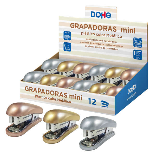 Dohe Expositor de 12 Mini grapadoras de Sobremesa - Materiales Plasticos de Primera Calidad - Capacidad de Grapado hasta 15 Hojas - Admite grapas de 22/6, 24/6 y 26/6 · Pack de 12 uds.