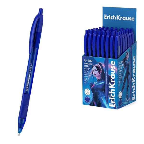 ErichKrause U-209 Matic and Grip Original Boligrafo Retractil - Punta de 1.0mm - Trazo 0.3mm - Zona de Agarre de Goma - Color Azul · Pack de 50 uds.