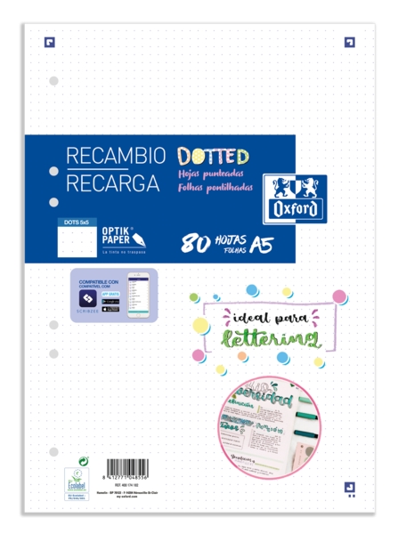 Oxford School A5 Recambio Paquete Dots 80 Hojas - Papel de Alta Calidad - Puntos para Organizar tus Notas · Pack de 20 uds.