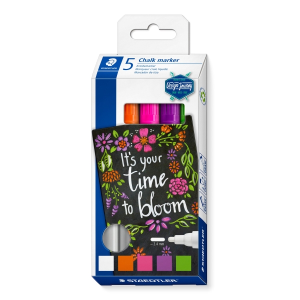 Staedtler Lumocolor 344 Pack de 5 Marcadores de Tiza Liquida - Trazo 2.4 mm Aprox - Facil Limpieza - Colores Surtidos