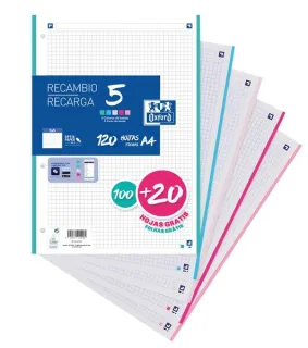 Oxford 5 Recambio Formato A4 Cuadriculado 5x5mm 4 Taladros - 100 Hojas + 20 Gratis - Banda de 5 Colores Pastel