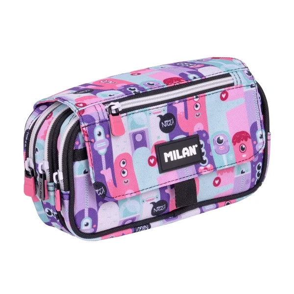 Milan Aliens 2 Estuche Portatodo con Solapa - Cremallera - 4 Compartimentos - 13x24x10cm - Color Rosa