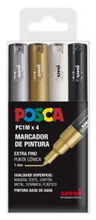 Posca PC1M Pack de 4 Marcadores de Pintura - Punta Conica de 0.7mm - Tinta Base al Agua - No Permanente - Resistente a la Luz - Inodoro - Ideal para Carteleria y Decoracion - Colores Plata,