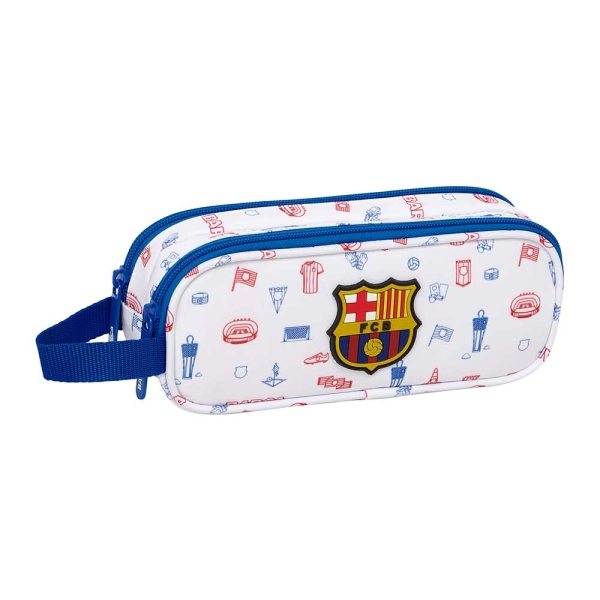 Safta F.C.Barcelona Preescolar Portatodo - 2 Compartimentos con Cremallera - Asa Lateral - Capacidad 1L - 21x8x6cm - Color Blanco