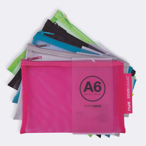 Apli Sobres Porta-Todo Nylon Transpirable A6 - Resistentes y Duraderos - Ideal para Equipos Electronicos - Cierre de Cremallera - Colores Surtidos · Pack de 20 uds.