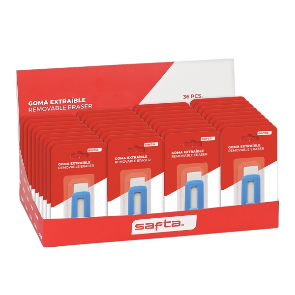 Safta Expositor con 36 Gomas Extraibles - Ergonomico - Estilo Cutter - Color Azul y Blanco