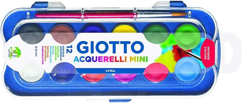 Giotto Pack de 12 Acuarelas Mini 23mm. - Colores Luminosos - Evita la Dispersion del Agua