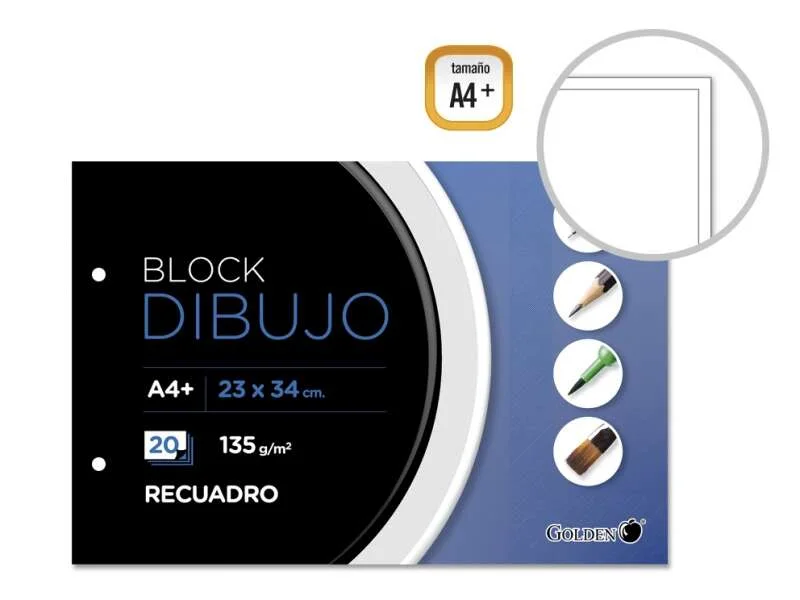 Golden Bloc de Dibujo A4+ 20 Hojas con Recuadro Interior - Papel de 135gr - Encolado con 2 Taladros · Pack de 5 uds.