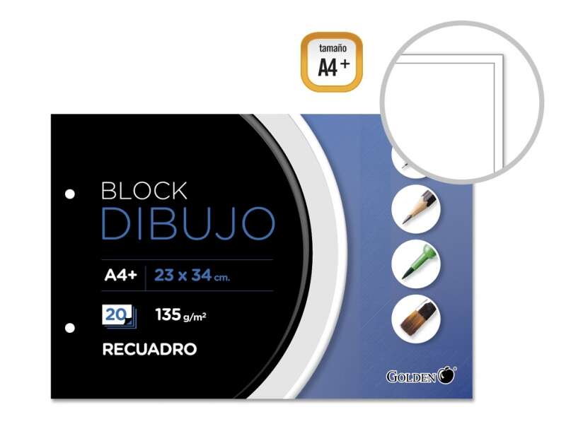 Golden Bloc de Dibujo A4+ 20 Hojas con Recuadro Interior - Papel de 135gr - Encolado con 2 Taladros · Pack de 5 uds.