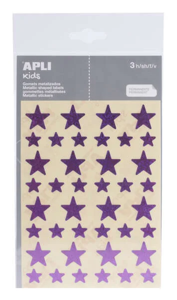 Apli Gomets Estrella Holograficos - Tamaño 12.5mm y 19.5mm - Adhesivo Permanente - 120 Unidades por Bolsa - Desarrollo de Habilidades y Creatividad - Color Lila · Pack de 10 uds.