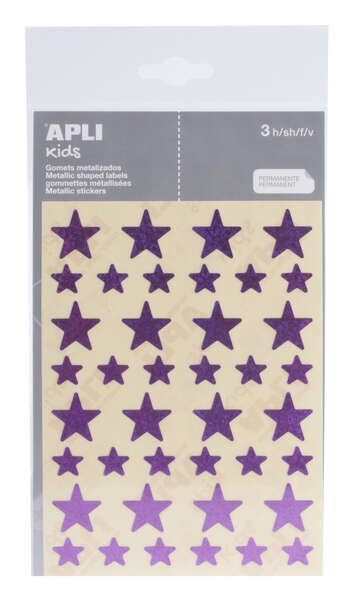 Apli Gomets Estrella Holograficos - Tamaño 12.5mm y 19.5mm - Adhesivo Permanente - 120 Unidades por Bolsa - Desarrollo de Habilidades y Creatividad - Color Lila · Pack de 10 uds.