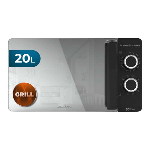 Cecotec Proclean 3140 Mirror Microondas - 700W - Capacidad 20L - Grill de 800W - Tecnologia 3DWave - Modo Descongelar - 6 Niveles - Avisador Acustico - Color Negro