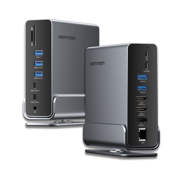 Vention Docking Station 15 en 1 USB-C a DisplayPort/2xHDMI/USB-C 3.2 Gen2/USB-C 3.2 Gen1/2xUSB 3.2 Gen2/USB3.0/2xUSB2.0/RJ45/SD/TF/3.5mm TRRS/PD 100W - Color Gris