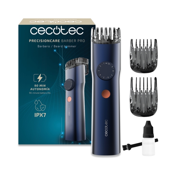 Cecotec PrecisionCare Barber Pro Recortadora para Barba Inalambrica - Autonomia 90min - Cuchillas de Acero Inoxidable - Peines Ajustables - Rueda de Ajuste - IPX7 - Pantalla LED - Color Azul