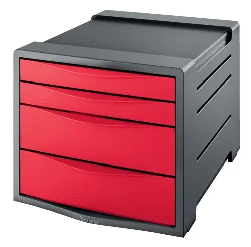 Esselte Europost Vivida Buc de 4 Cajones - 2 Medidas de Cajon - Deslizamiento Suave - Base con Goma Antideslizante - Color Gris/Rojo