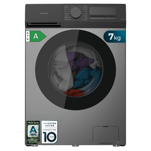 Cecotec Bolero DressCode 7450 Inverter Steel Lavadora de Carga Frontal - Capacidad 7kg - Velocidad 1200rpm - Temperatura Regulable - Display LED - Motor Inverter - Inicio Programable - Color Gris