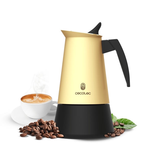 Cecotec Piccolina 400 Cafetera Italiana para 4 Tazas - Acero Inoxidable - Apta para Placas Electricas, Vitroceramicas y Gas - Junta de Silicona Hermetica - Valvula de Seguridad - Color Amari