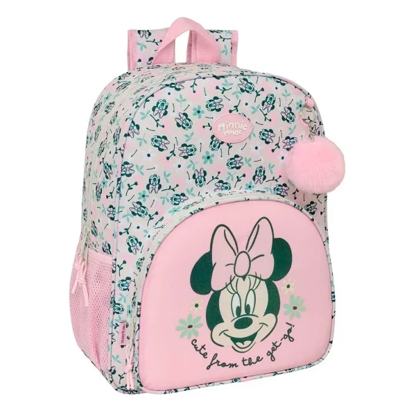 Safta Minnie Mouse Minty Mochila Adaptable a Carro - Portabotellas - Tirador Doble - Hombreras Ergonomicas Acolchadas - Bolsillo Frontal - Asa de Mano - 19L - 330x140x420mm - Color Rosa Pastel