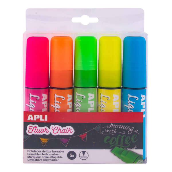 Apli Pack con 5 Rotuladores de Tiza Liquida - Punta Biselada 10x15mm - Para Pizarras y Superficies No Porosas - Colores Surtidos