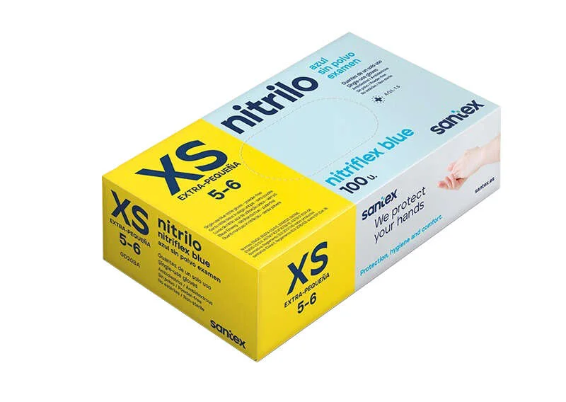 Santex Nitriflex Blue Pack de 100 Guantes de Nitrilo para Examen Talla XS - 3.5 gramos - Sin Polvo - Libre de Latex - No Esteriles - Color Azul