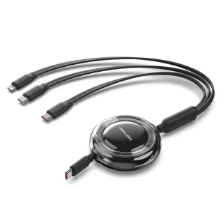 Vention Cable USB Multiple - Potencia Maxima 100W - Retractil - Longitud Ajustable hasta 1.1m - USB-A - 2xUSB-C - Lightning - Velocidad hasta 480Mbps - Color Negro