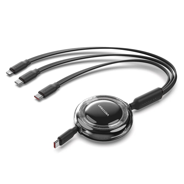 Vention Cable USB Multiple - Potencia Maxima 100W - Retractil - Longitud Ajustable hasta 1.1m - USB-A - 2xUSB-C - Lightning - Velocidad hasta 480Mbps - Color Negro
