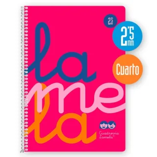 Lamela Cuaderno Espiral con 80 Hojas de 90g/m2 con Margen - Formato Cuarto - Pauta Cuadrovia de 2.5mm - Cubierta Extra Dura - Papel Offset Blanco Extra - Color Rosa
