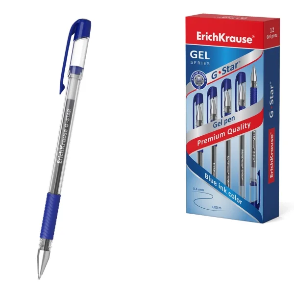 ErichKrause G-Star Stick and Grip Classic Boligrafo con Capuchon - Punta de 0.5mm - Trazo 0.3mm - Tinta de Gel - Resistente al Agua - Zona de Agarre de Goma - Secado Rapido - Color Azul · Pack de 12 uds.