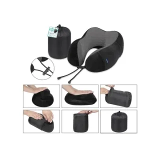 Lagart Almohada Cervical de Viaje con Relleno de Espuma - Funda de Poliester Lavable con Bolsillo - Bolsa de Transporte - Color Negro/Gris
