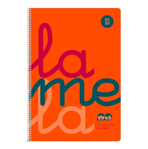 Lamela Cuaderno Espiral con 80 Hojas de 90g/m2 con Margen - Formato Cuarto - Pauta Cuadrovia de 5mm - Cubierta Extra Dura - Papel Offset Blanco Extra - Color Naranja