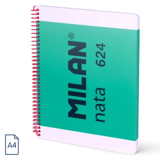 Milan Nata 624 Cuaderno Espiral Formato A4 Liso - 80 Hojas de 95 gr/m2 - Microperforado, 4 Taladros - Color Verde