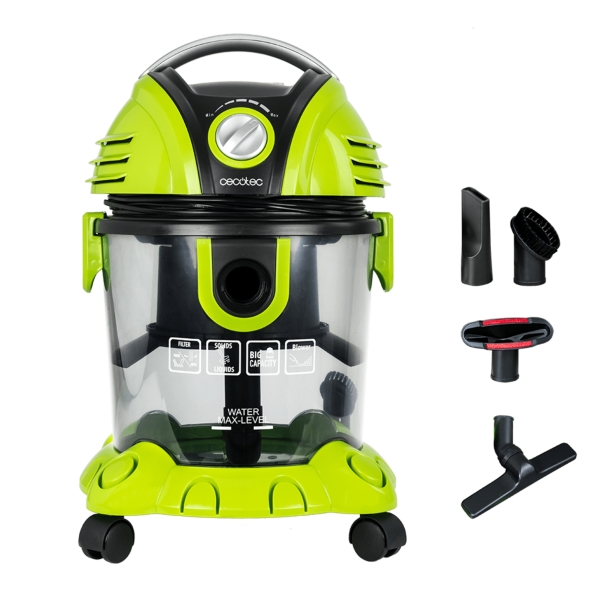 Cecotec Wet and Dry T Aspiradora de Trineo para Solidos y Liquidos - Potencia 1200W - Deposito de 15L - Incluye Accesorios - Radio de Accion hasta 7m - Color Verde