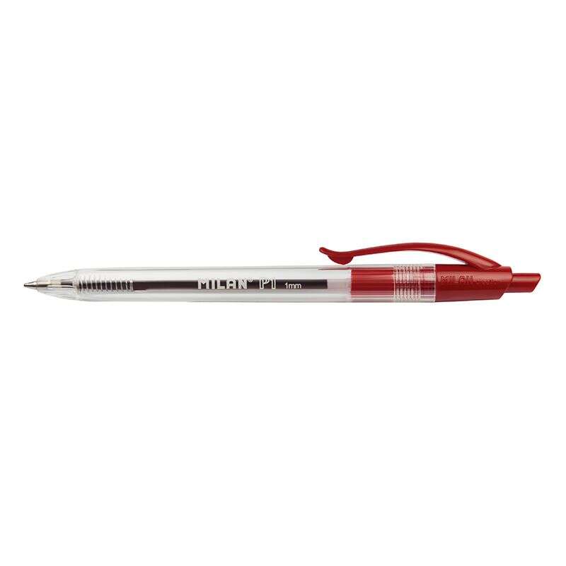 Milan P1 Boligrafo de Bola Retractil - Punta Redonda 1mm - Cuerpo Transparente - Color Rojo · Pack de 25 uds.